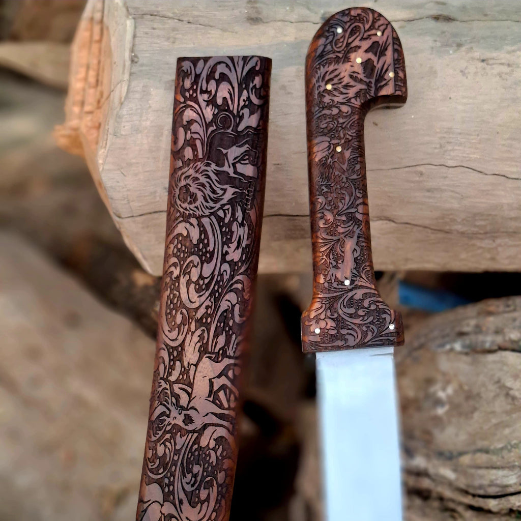 Bone Handle Damascus Knife with Handcrafted Tooled Sheath