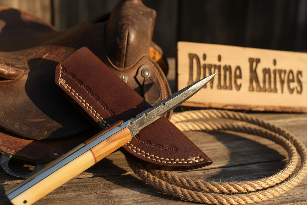 Bone and Wood Accent Damascus Knife Built for Field Dressing