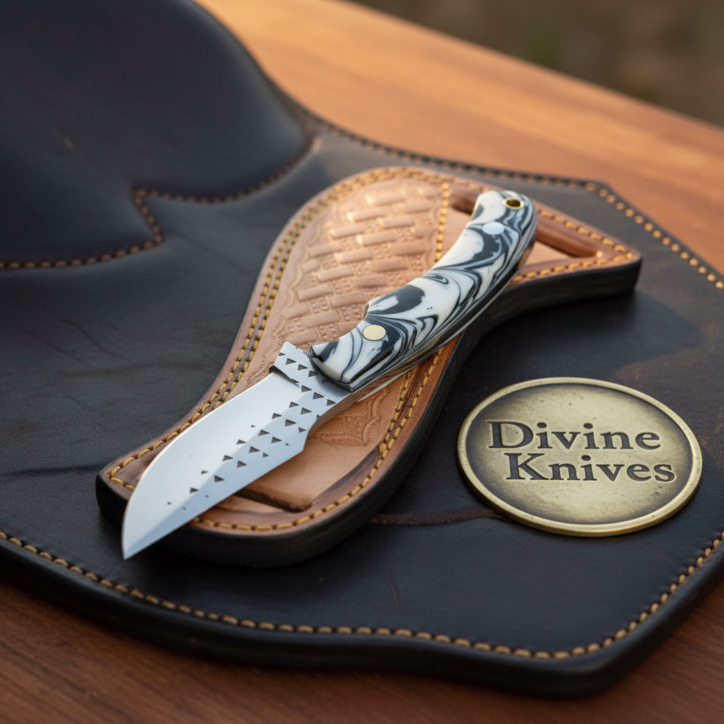 White Marble Resin Rasp Skinner Knife with Curved Rasp-Style Blade