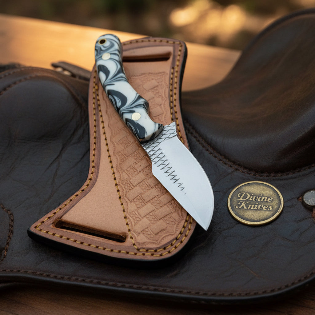 White Marble Resin Rasp Skinner Knife with Curved Rasp-Style Blade