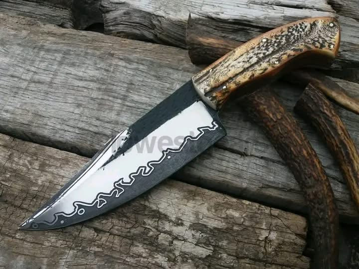 San Mai Clad Stag Hunter Knife with Wave Contrast Blade for Hunting and Outdoor Tasks