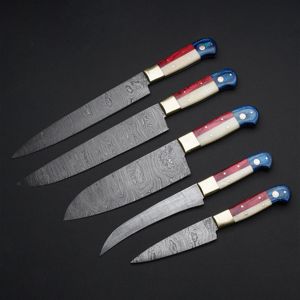 Premium Custom Handmade Damascus Knife Set – Camel Bone & Pakka Wood Handles (8"–13")