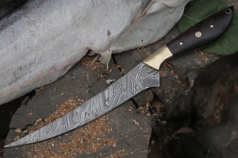 Custom Handmade 13-Inch Damascus Steel Fillet Knife with Rosewood Handle and Brass Bolster