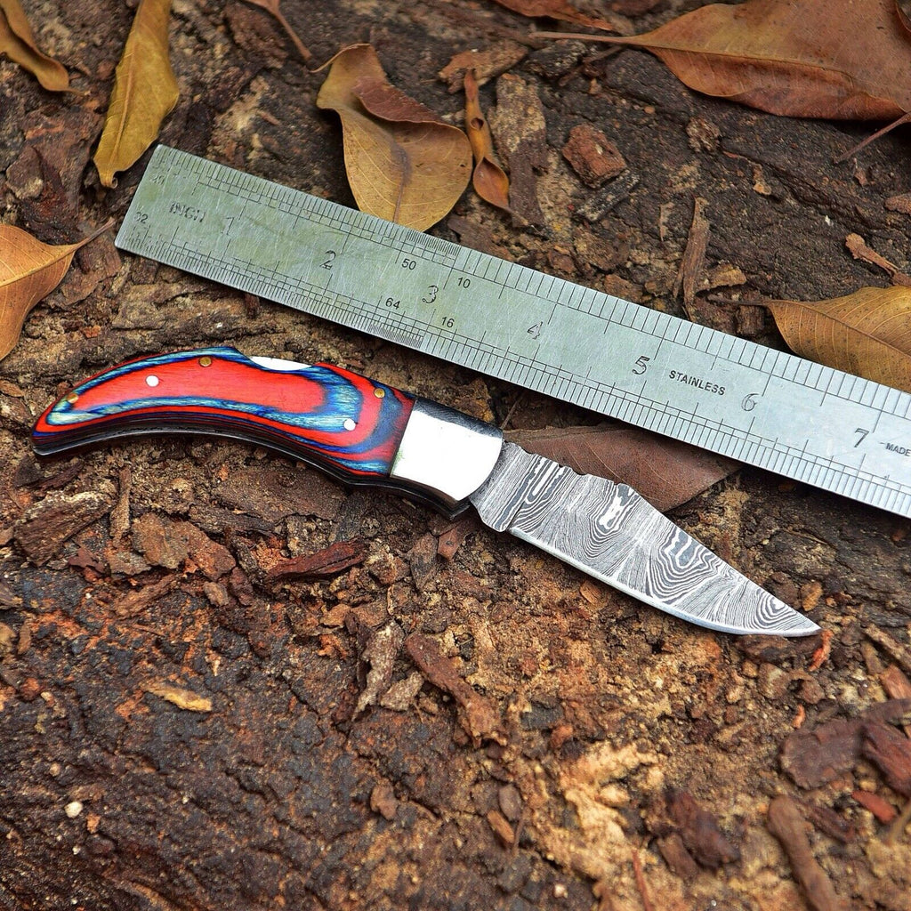 Fall Edition – New Handmade Damascus Pocket Knife 4" with Pakka Wood Handle & Leather Belt Sheath