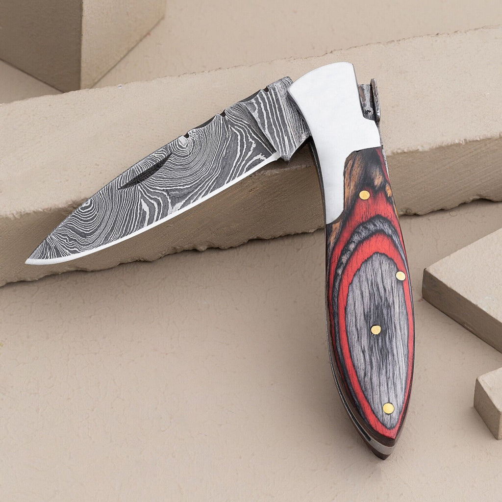 Custom Handmade Damascus Steel Pocket Knife with Pakkawood Handle & Steel Bolster – 3" Overall Length, Includes Leather Sheath