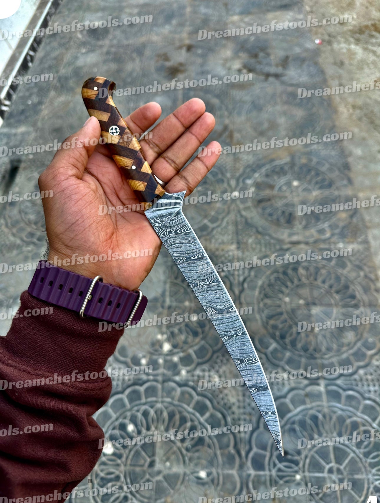 Custom Handmade Damascus Steel Fillet Knife with Custom Rosewood and Olive Wood Handle - 13" Overall Length