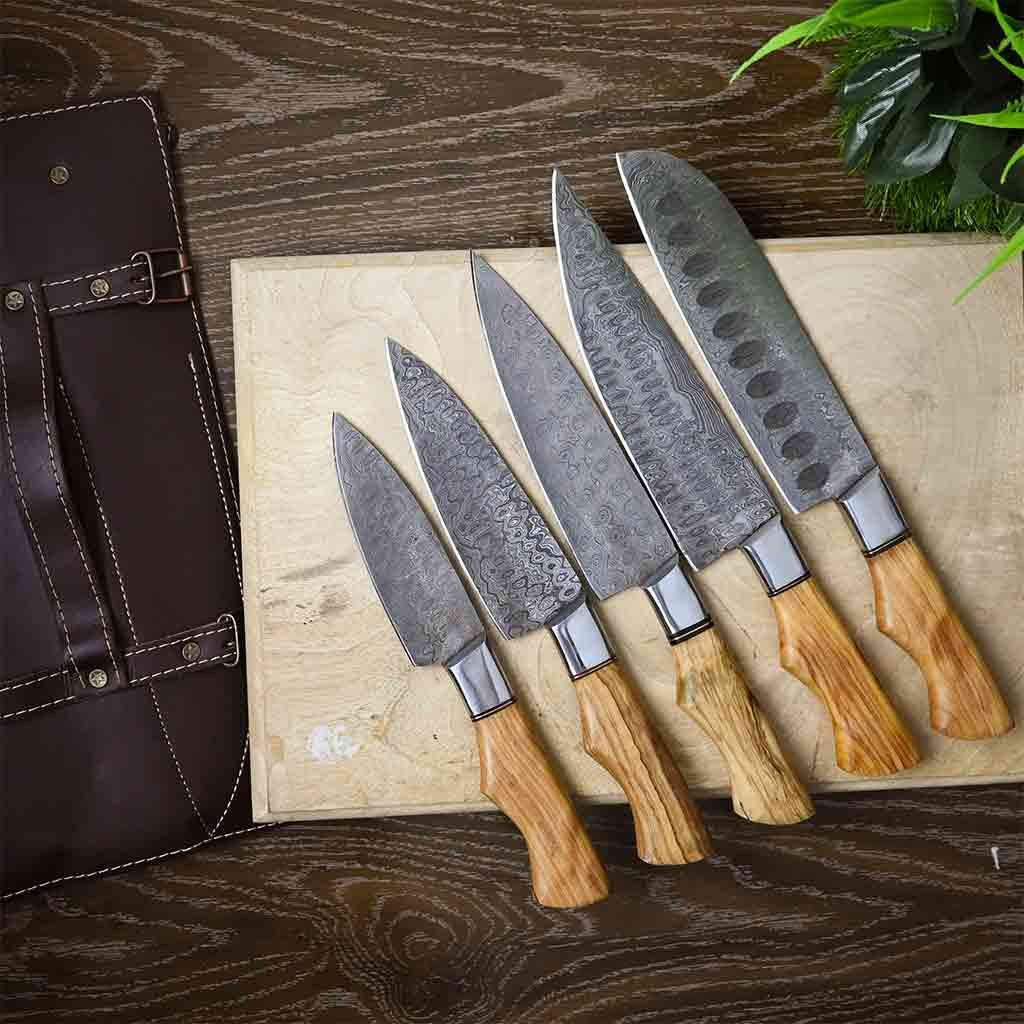 Premium Custom Kitchen Knives Set – Damascus Steel & Olive Wood Handle