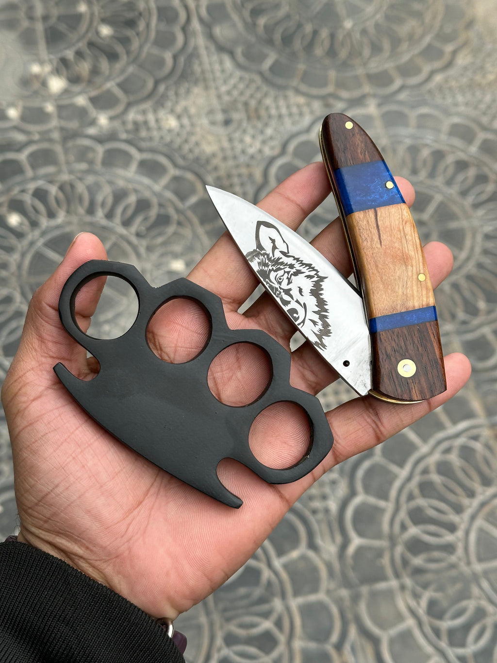Custom Handmade Black Steel Knuckle with Pocket Knife and Belt Loop Leather Case - Solid Brass Self-Defense Duster for Everyday Carry