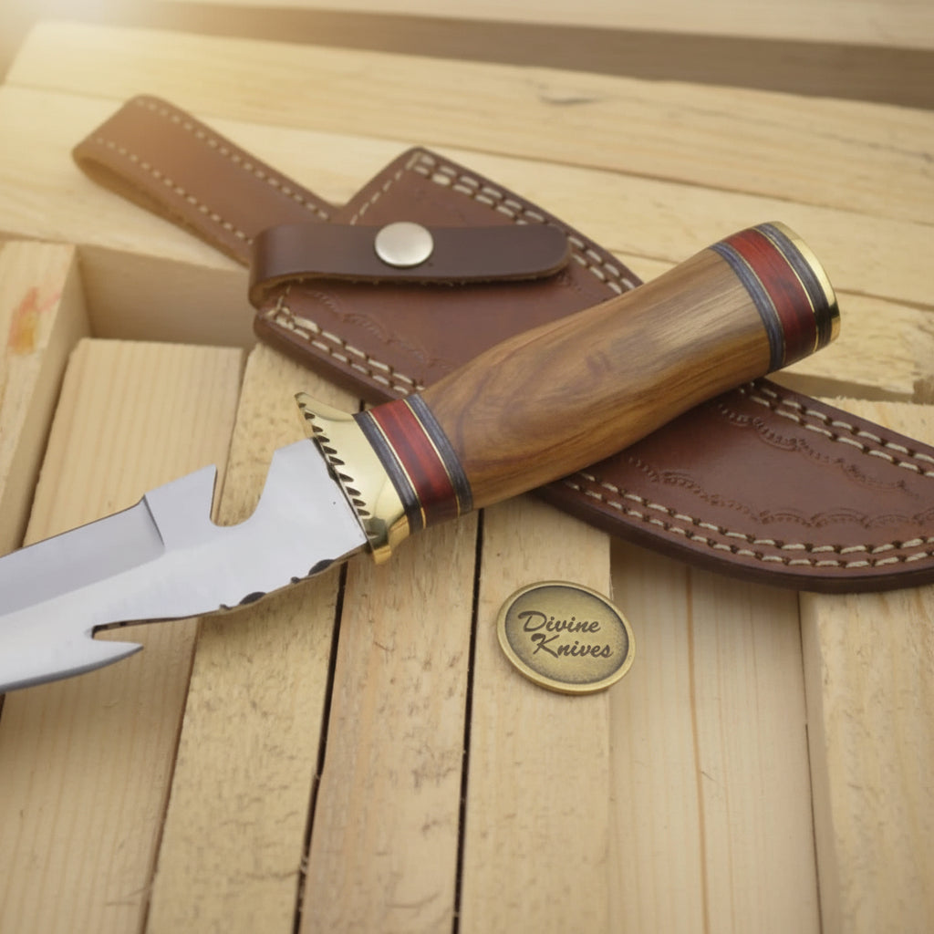 Brass Guard Damascus Gut Hook Knife with Multi Ring Wood Handle