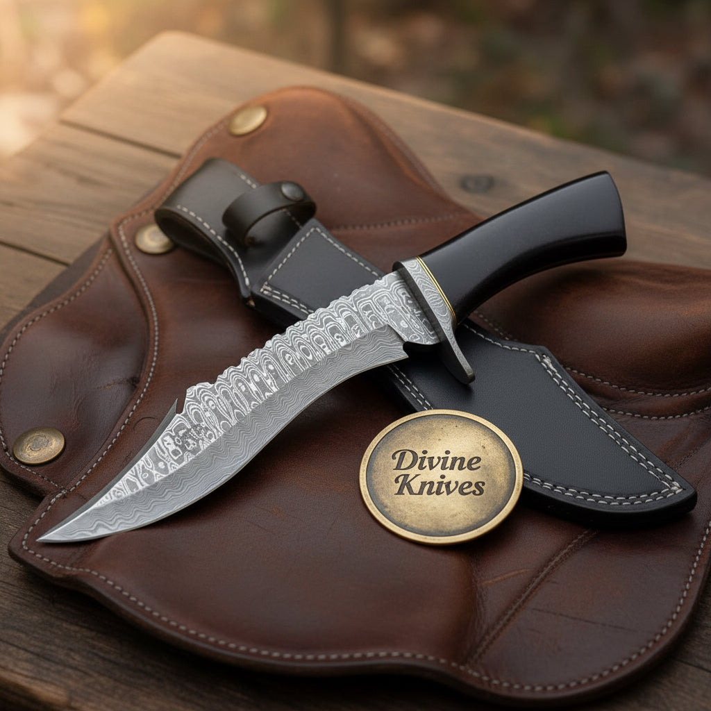 Blackwave Black Micarta Damascus Recurve Survival Bowie with Weatherproof Handle
