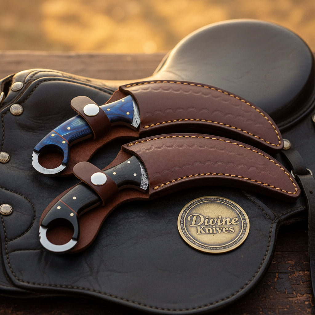 Damascus Apex Karambit Set with Finger Rings and Dual Handle Colors