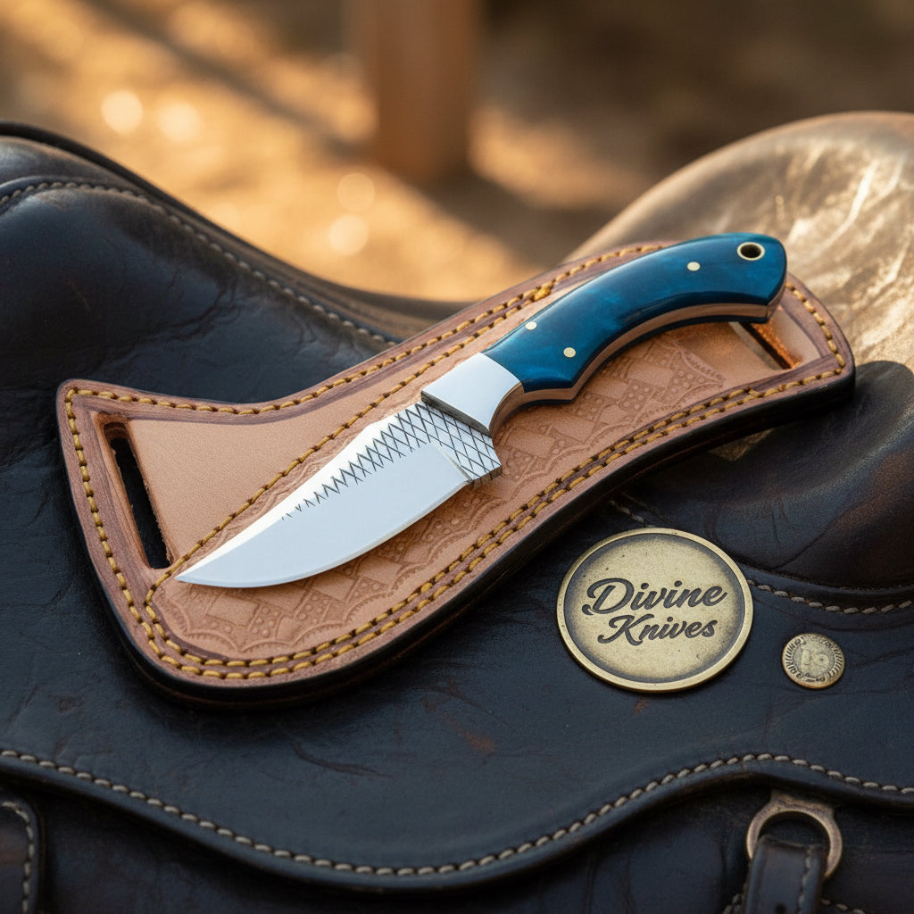 Blue Farrier Rasp Cowboy Belt Knife with Clip Point Blade