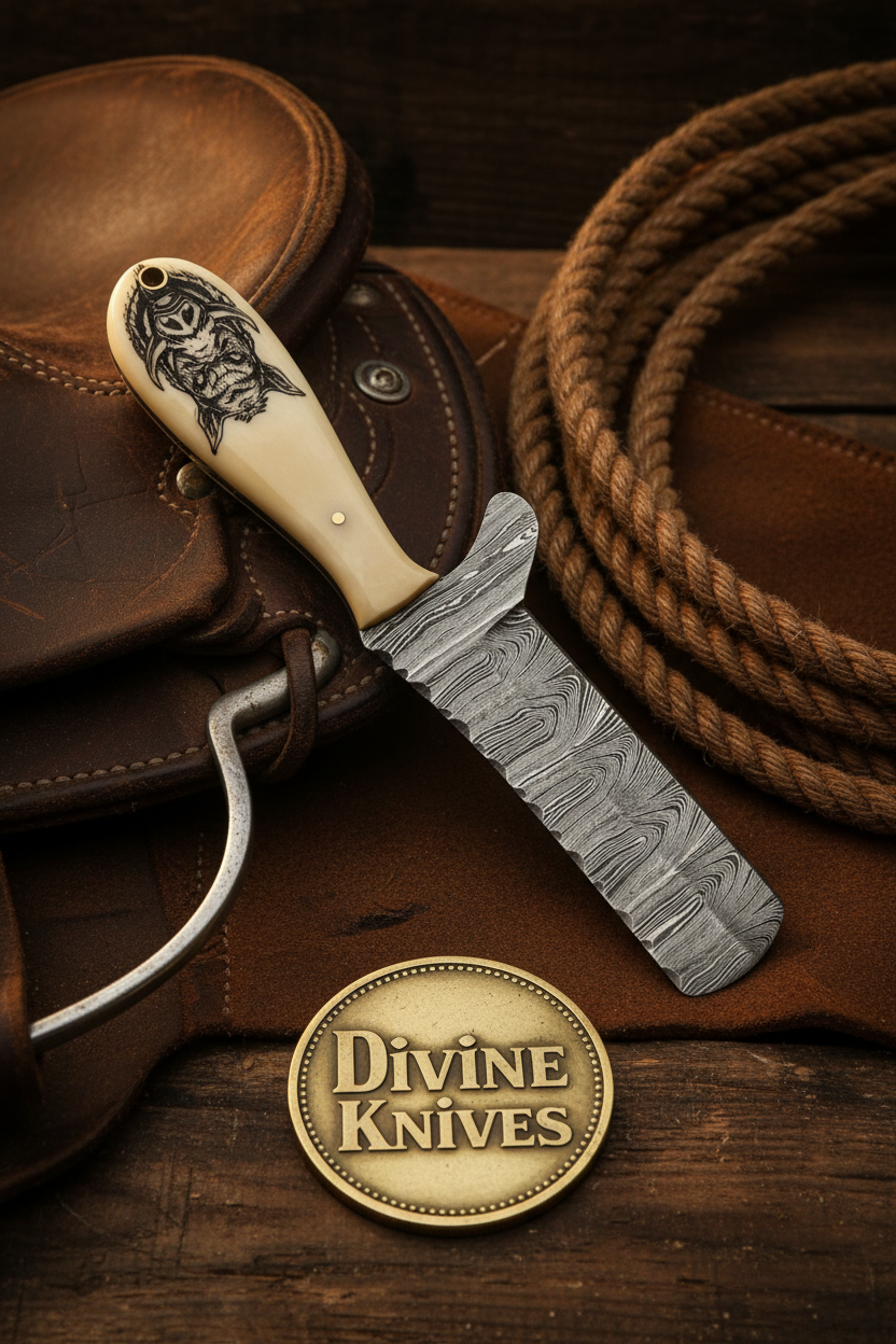 Scrimshaw Camel Bone Bull Cutter with Hand Engraved Bone Handle