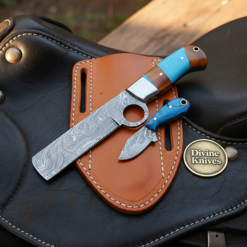 Turquoise Damascus Bull Cutter & Skinner Set with Leather Sheath