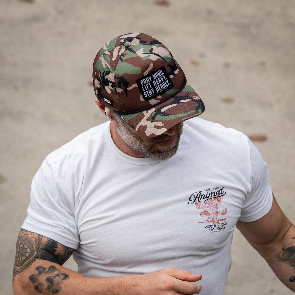Pray Hard. Lift Heavy. Stay Deadly. Patch Waterproof Weekender Snapback