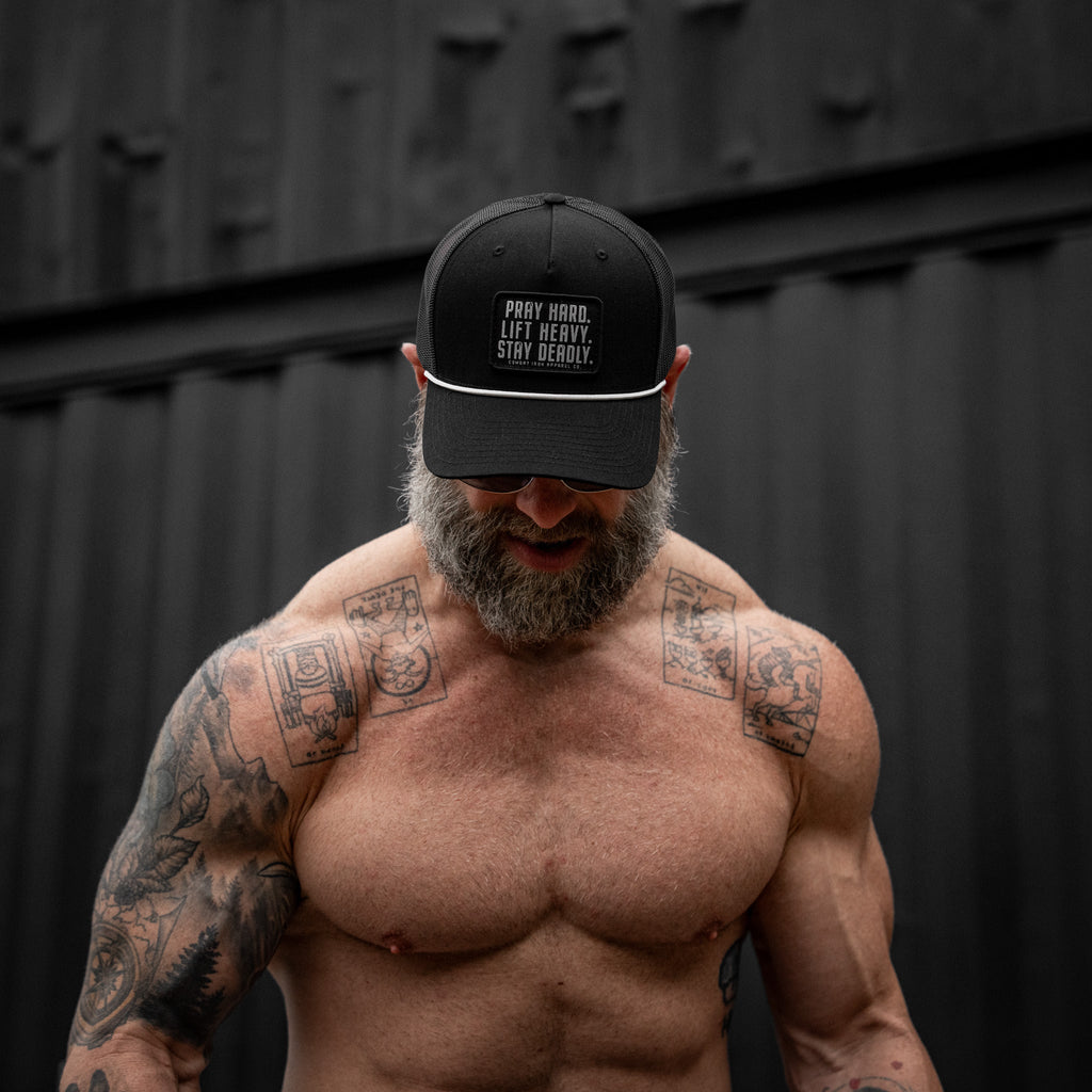 Pray Hard. Lift Heavy. Stay Deadly. Patch Rope Snapback Hat
