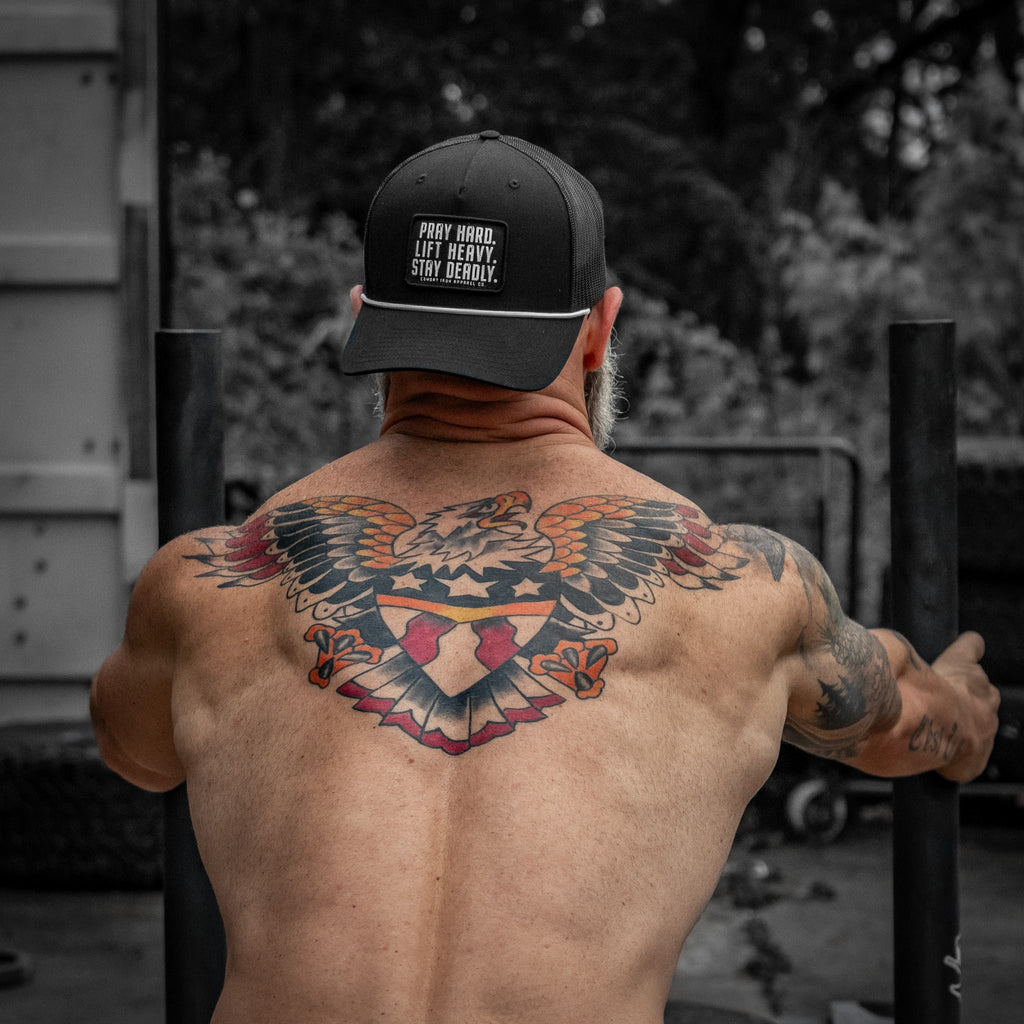 Pray Hard. Lift Heavy. Stay Deadly. Patch Rope Snapback Hat