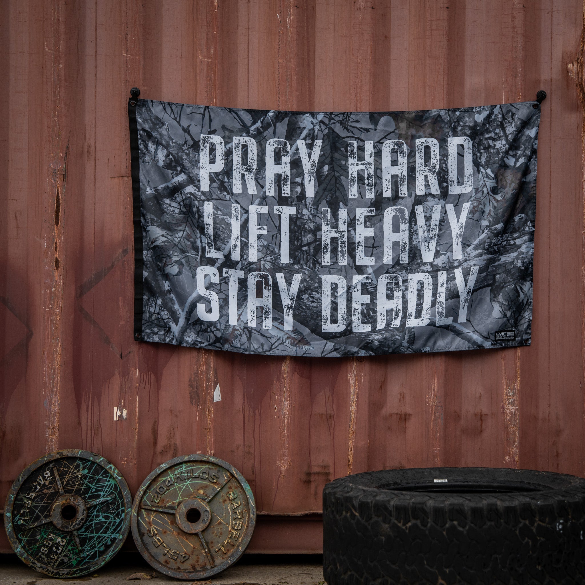 Pray Hard. Lift Heavy. Stay Deadly. 3' x 5' Flag