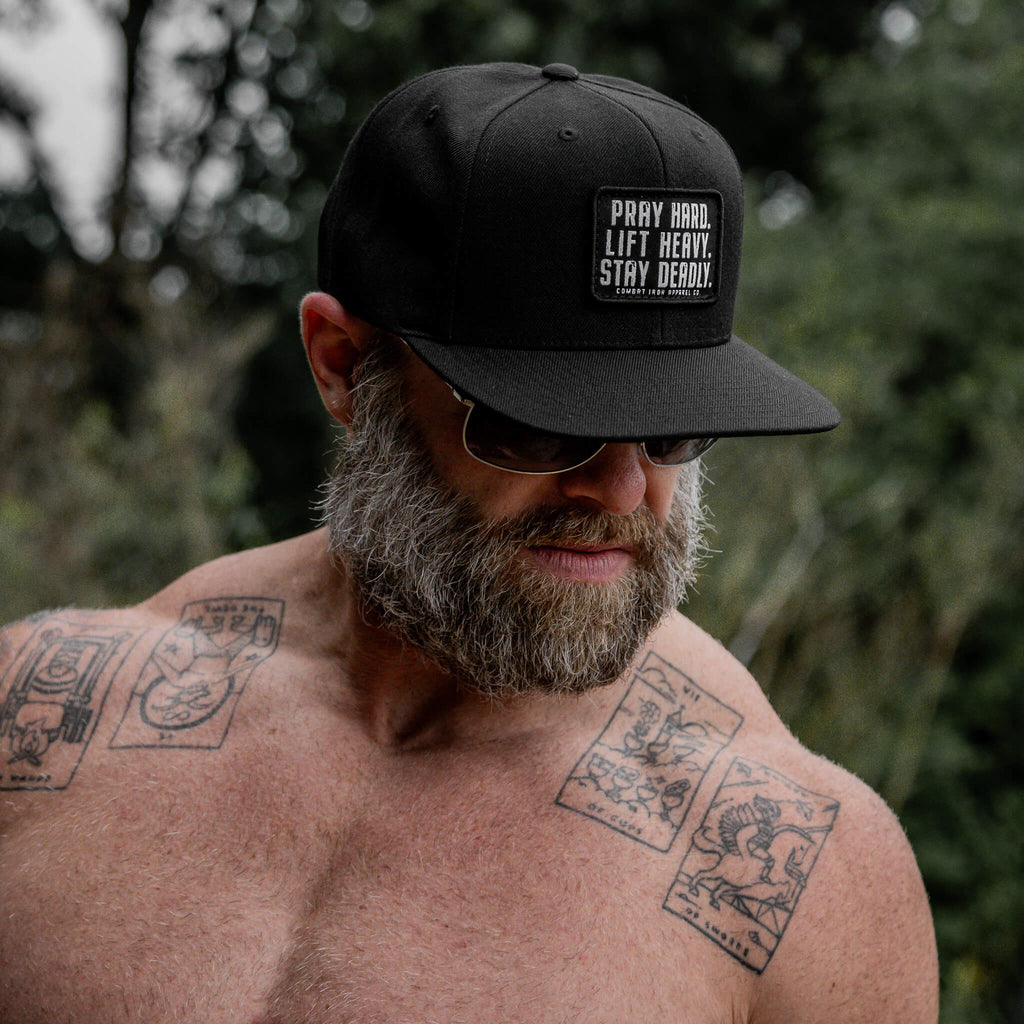 Pray Hard. Lift Heavy. Stay Deadly. Flat Bill SnapBack Hat