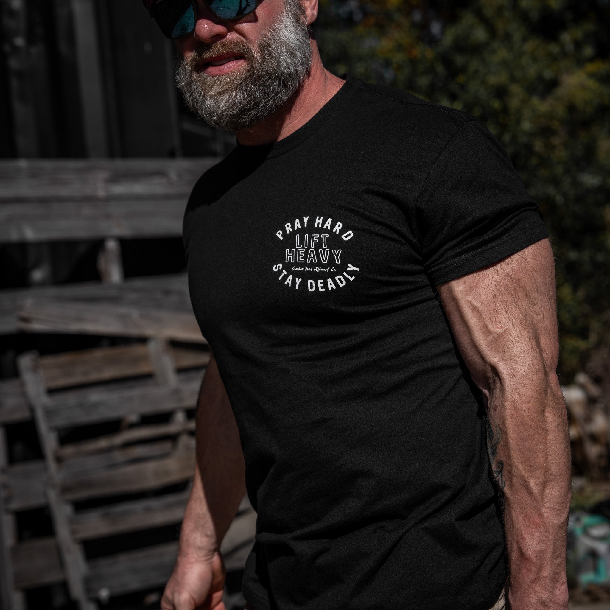Pray Hard. Lift Heavy. Stay Deadly. Men's T-Shirt