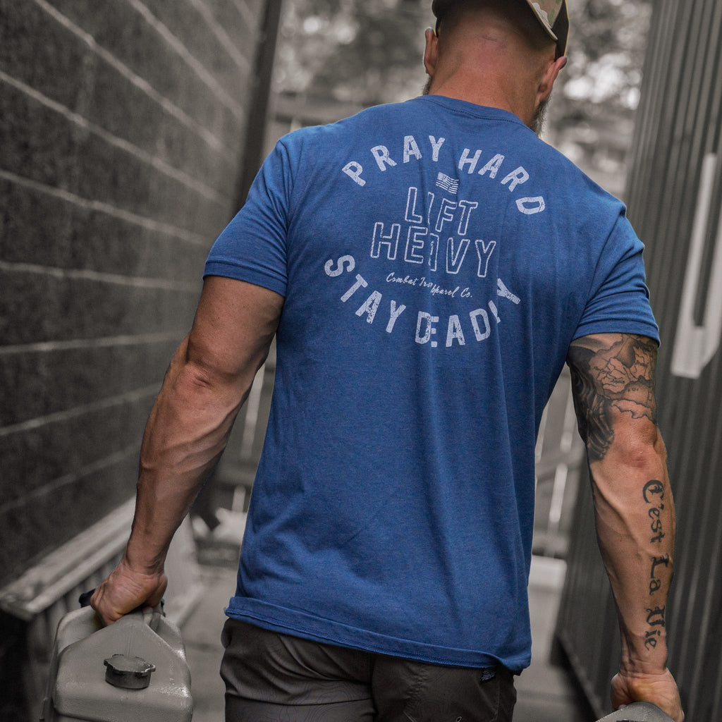 Pray Hard. Lift Heavy. Stay Deadly. Men's T-Shirt