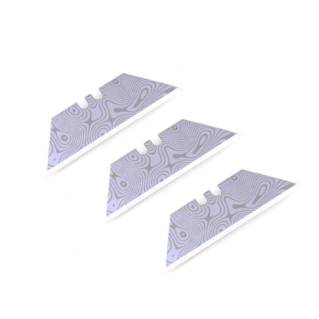 Stinger Laser Engraved Utility Razor Blades, Utility Knife Blades Replacement - Damascus Style (Trapezoid 3 pcs - Silver)