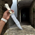 "Handcrafted Damascus Steel Bowie Knife with Camel Bone Handle & Leather Sheath – 8 to 13 Inch"