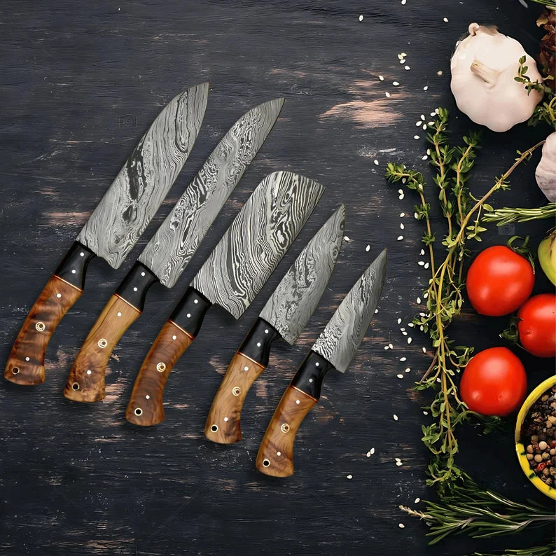 "Premium Damascus Steel Knife Set with Rosewood Handle & Leather Case"
