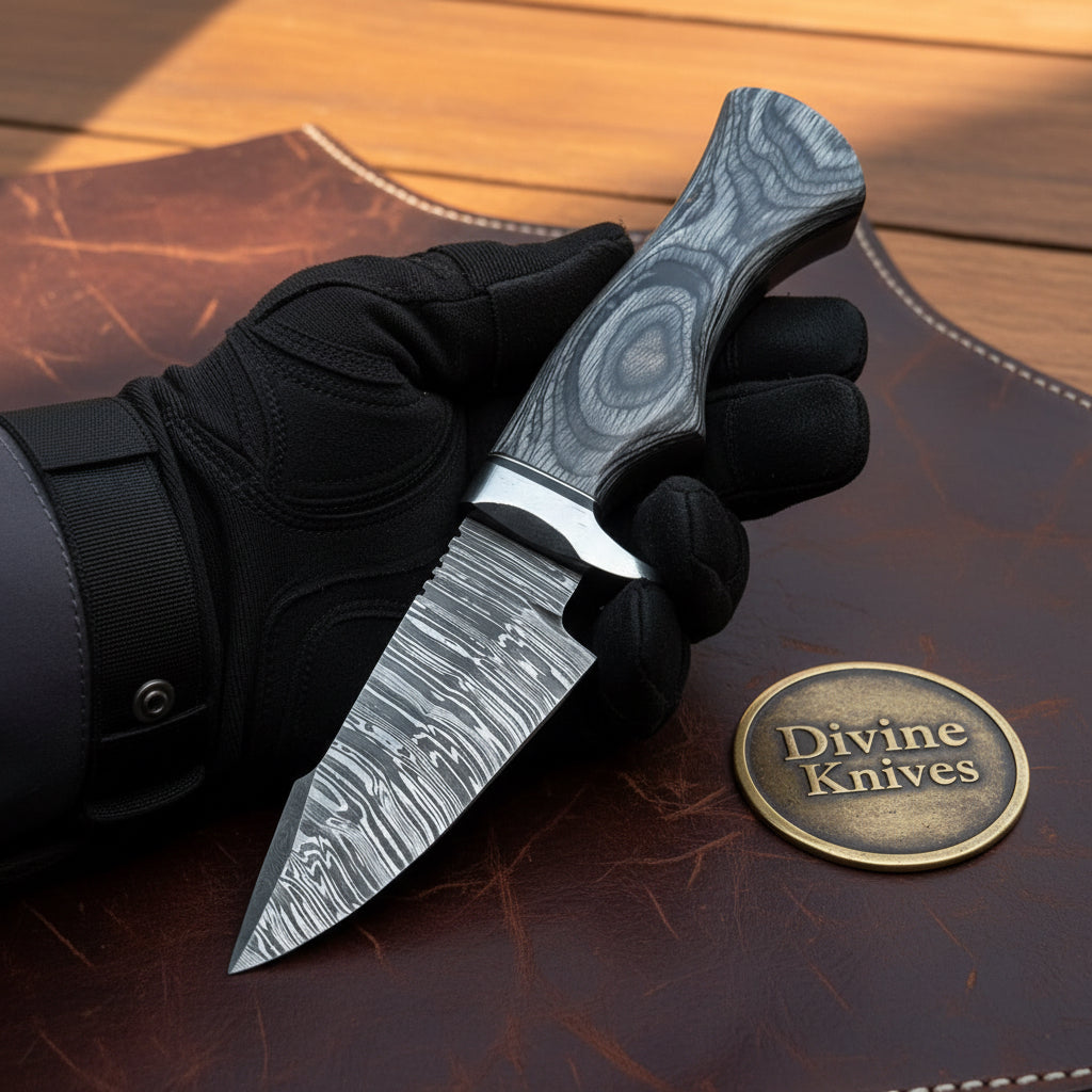 Grey Micarta Damascus Skinner Knife with Layered Blade