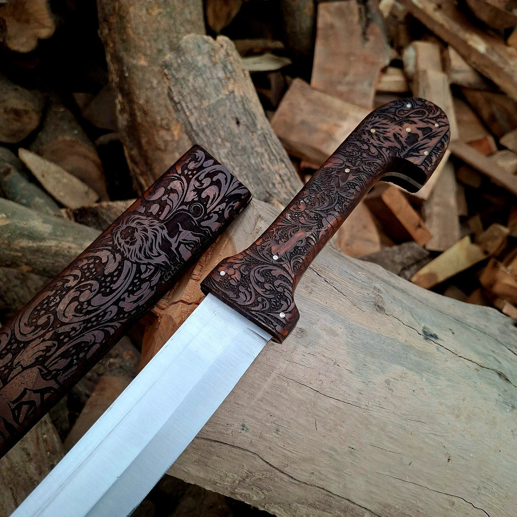 Bone Handle Damascus Knife with Handcrafted Tooled Sheath