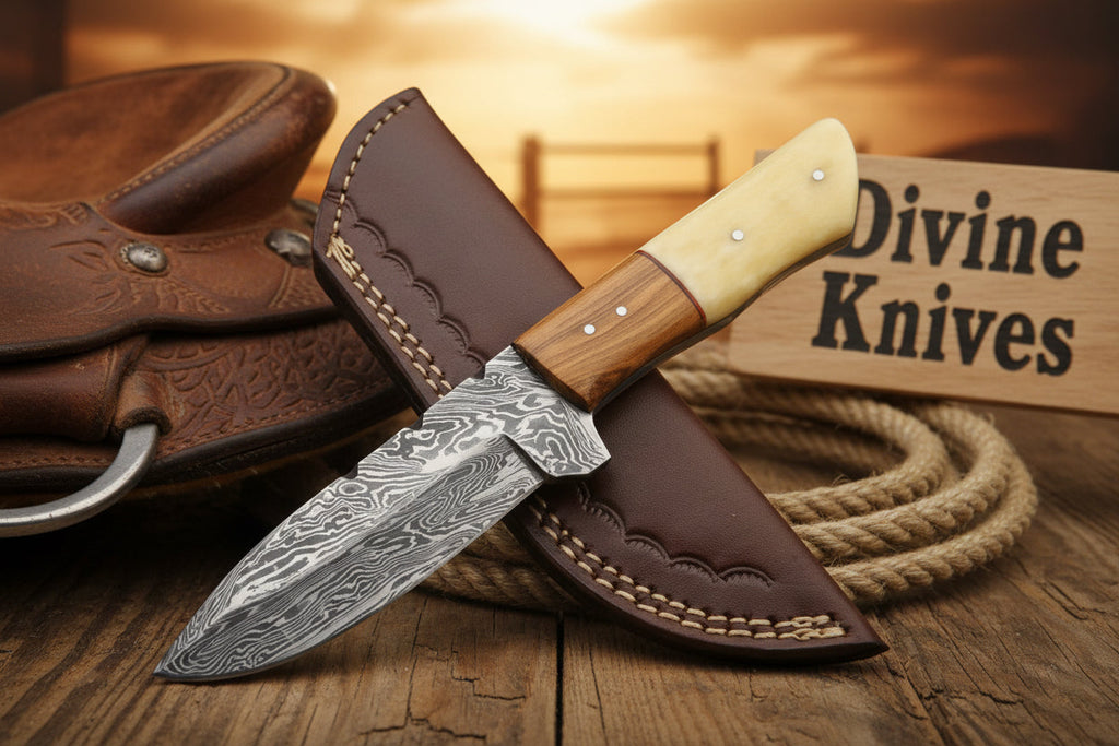 Bone and Wood Accent Damascus Knife Built for Field Dressing