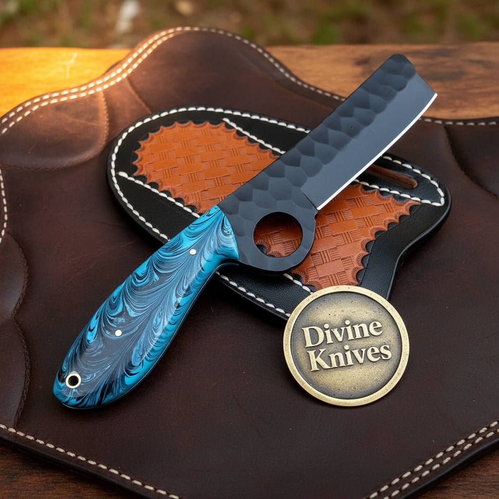 Blue Resin Ring Bull Cutter Knife with Swirl Handle for Field Work