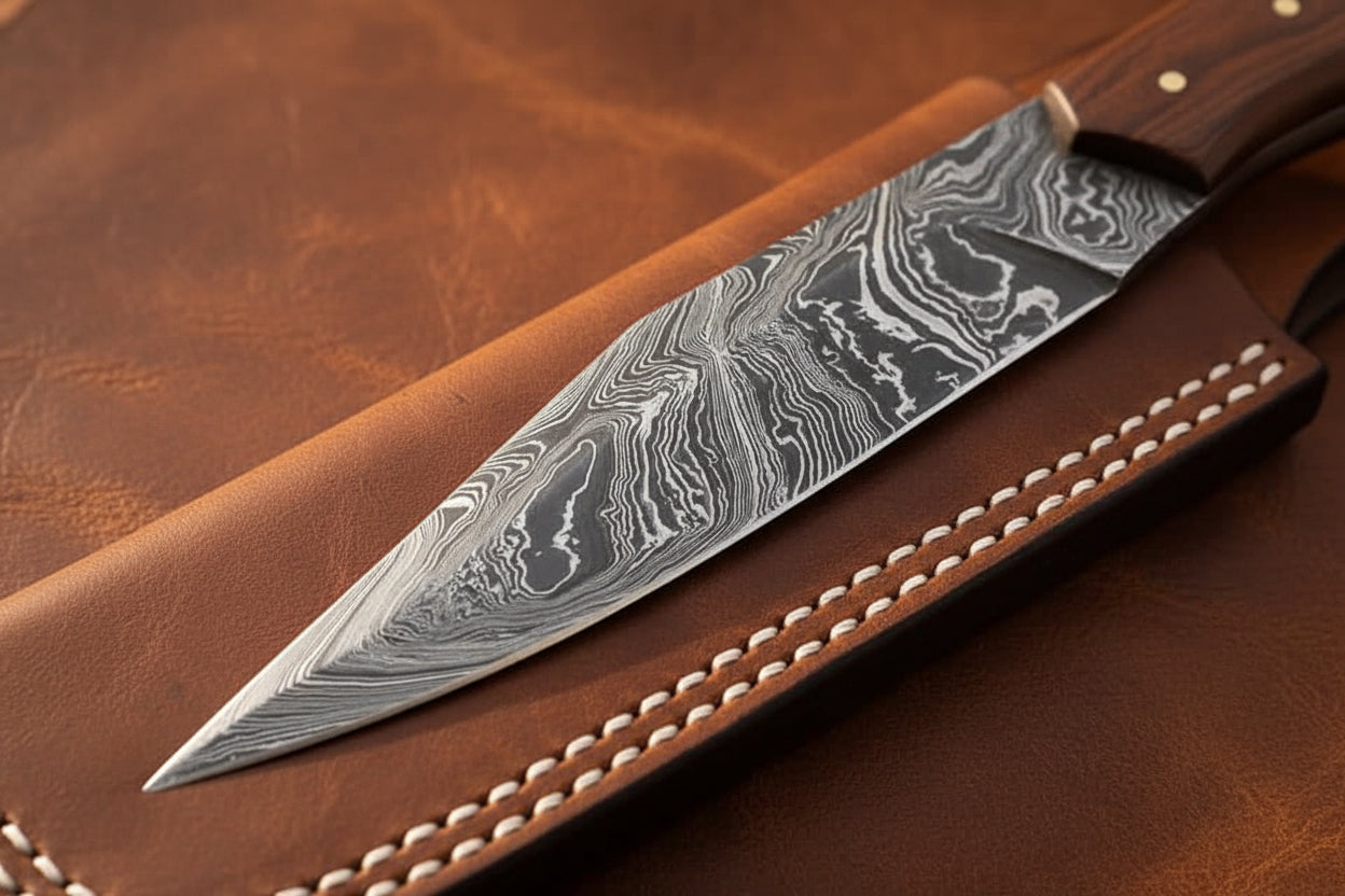 Barrel Grip Damascus Broken-Back Seax Knife with Bone and Wood Handle