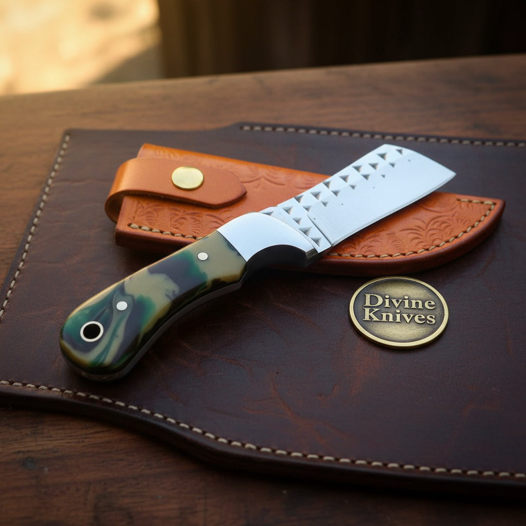 Camo Resin Rasp Bull Cutter Knife with Broad Fixed Blade
