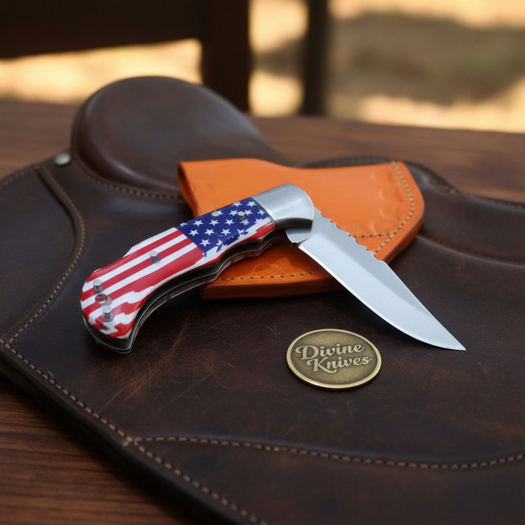 American Flag Lockback Pocket Knife with Patriotic Folding Blade