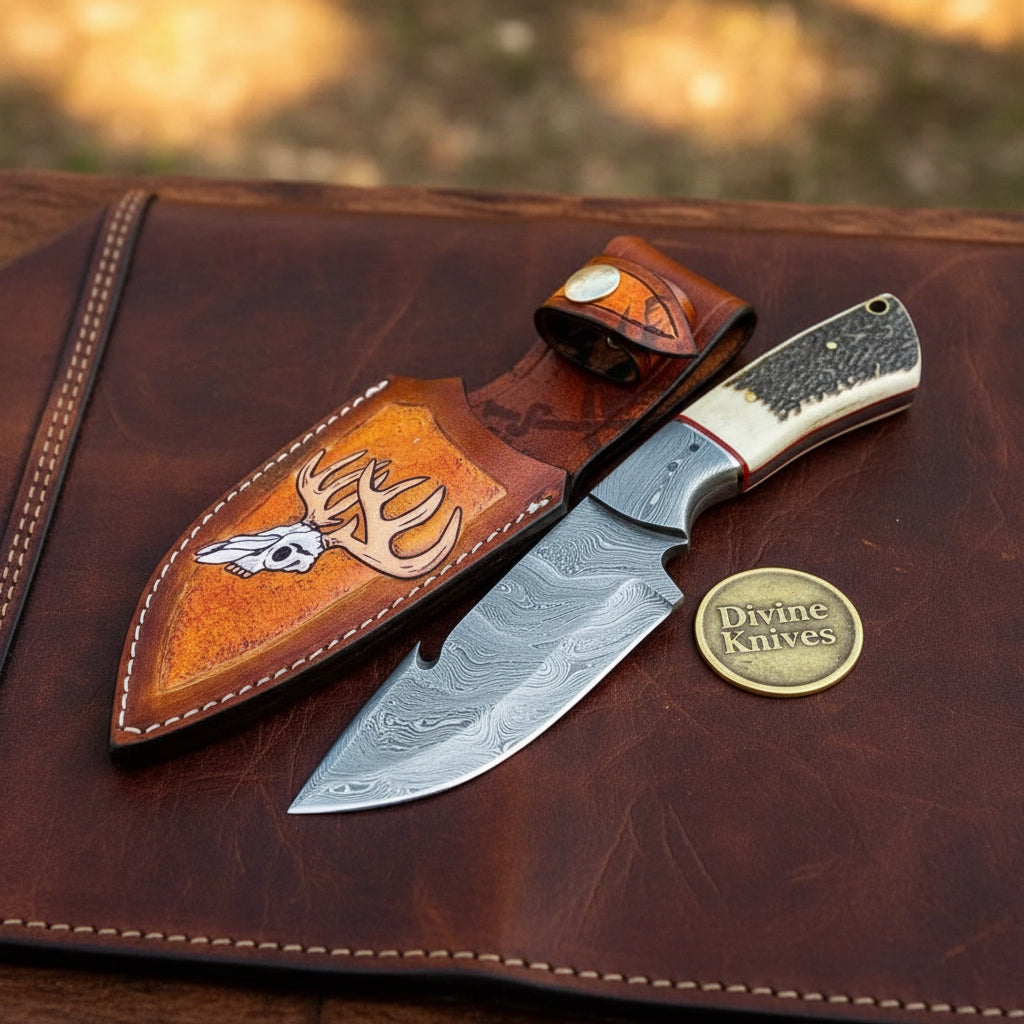 Stag & Bone Handle Gut Hook Skinner Knife for Hunters and Outdoor Users