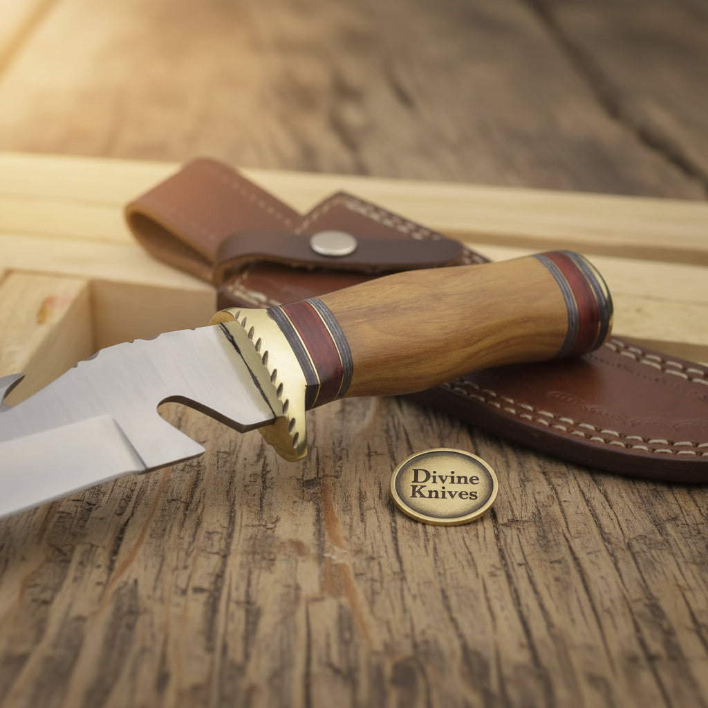 Brass Guard Damascus Gut Hook Knife with Multi Ring Wood Handle