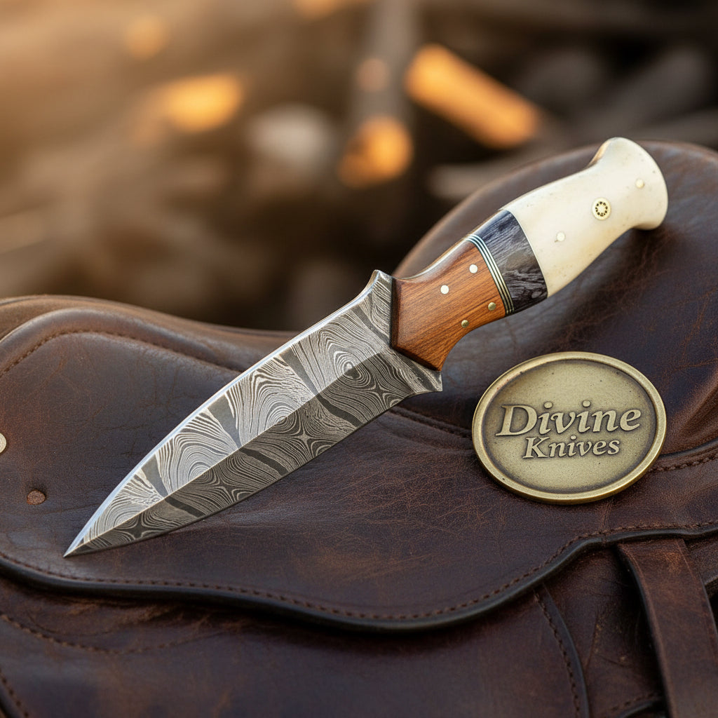 Segmented Bone Damascus Boot Dagger with Segmented Bone and Wood Handle