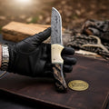 Damascus Bone & Black Resin Hunter with Two-Tone Handle