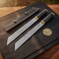 Horn Handle Tanto Knife Set with Brass Ferrules and Shared Snap Close Leather Sheath