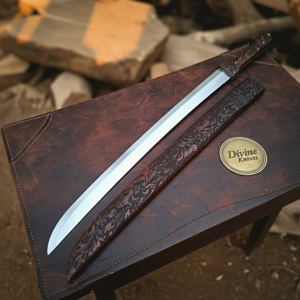 Bone Handle Damascus Knife with Handcrafted Tooled Sheath