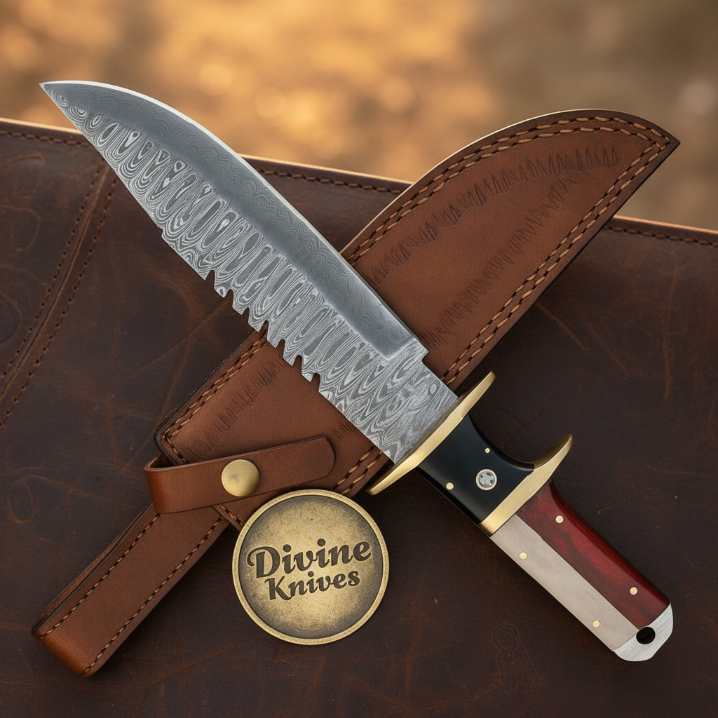 Texas Flag Sawback Sub Hilt Bowie with Damascus Blade