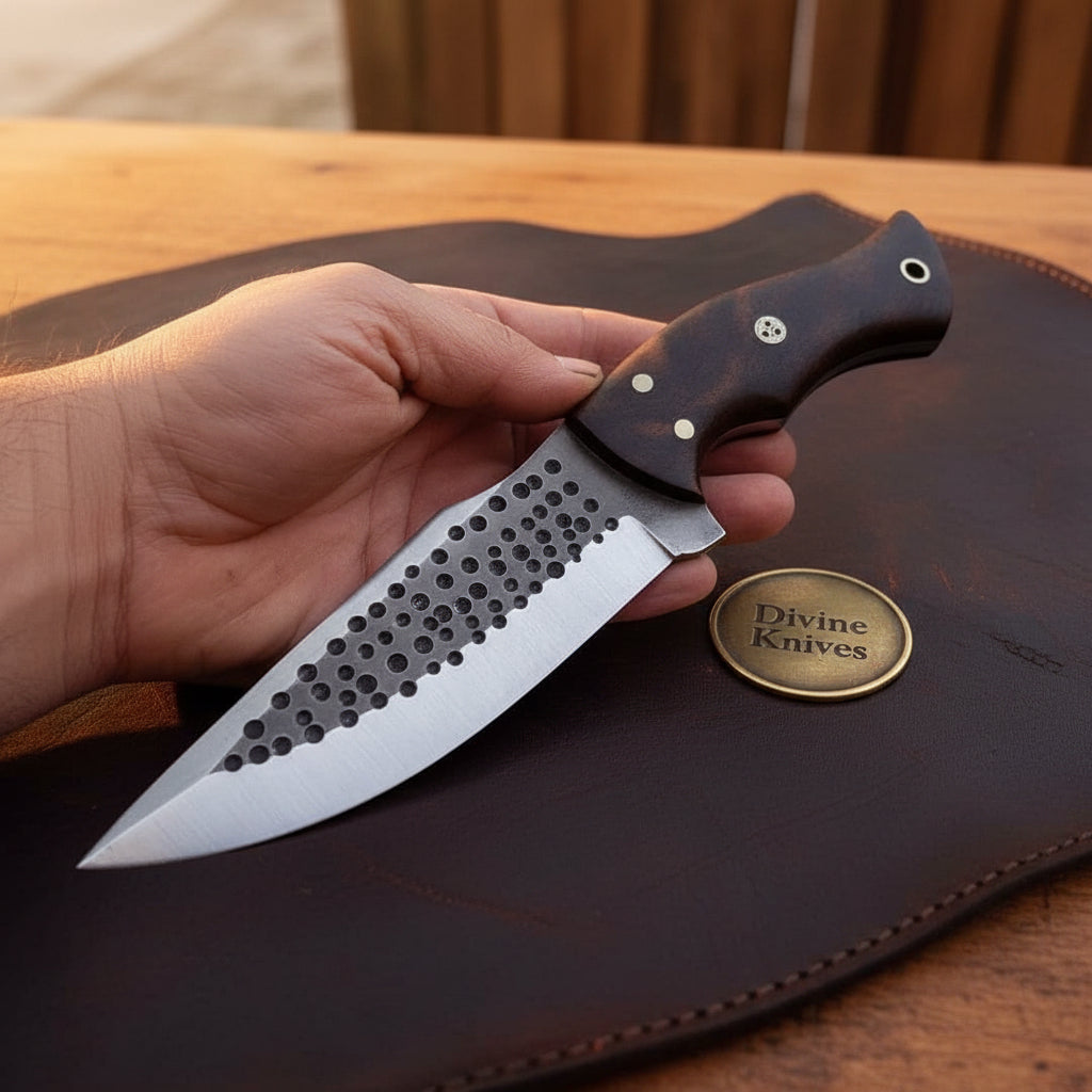 Hammer-Forged Dimpled Bushcraft Knife with Dark Wood Handle