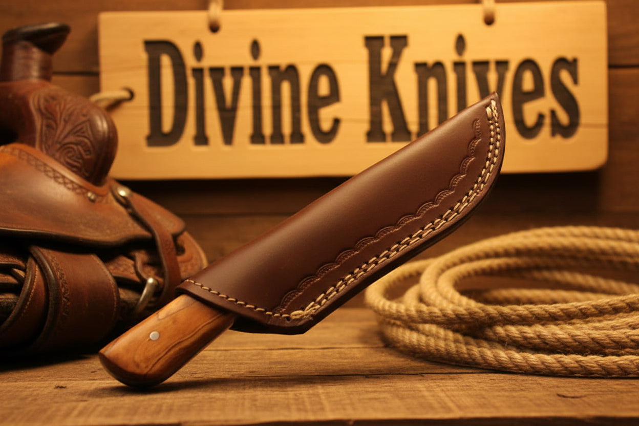 Natural Olive Wood Damascus Knife with Included Leather Sheath
