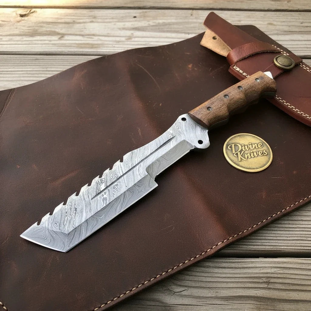 Sawback Reverse Tanto Knife with Twist Pattern Blade & Walnut Handle