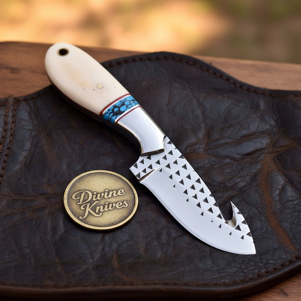 Turquoise & Bone Rasp Gut Hook Knife with Rasp Steel Blade