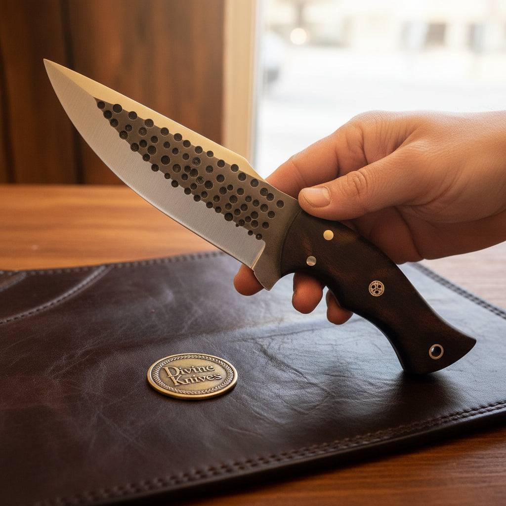 Hammer-Forged Dimpled Bushcraft Knife with Dark Wood Handle