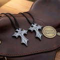 Forged Steel Cross Pendant Necklace Set of 2 with Adjustable Braided Cords