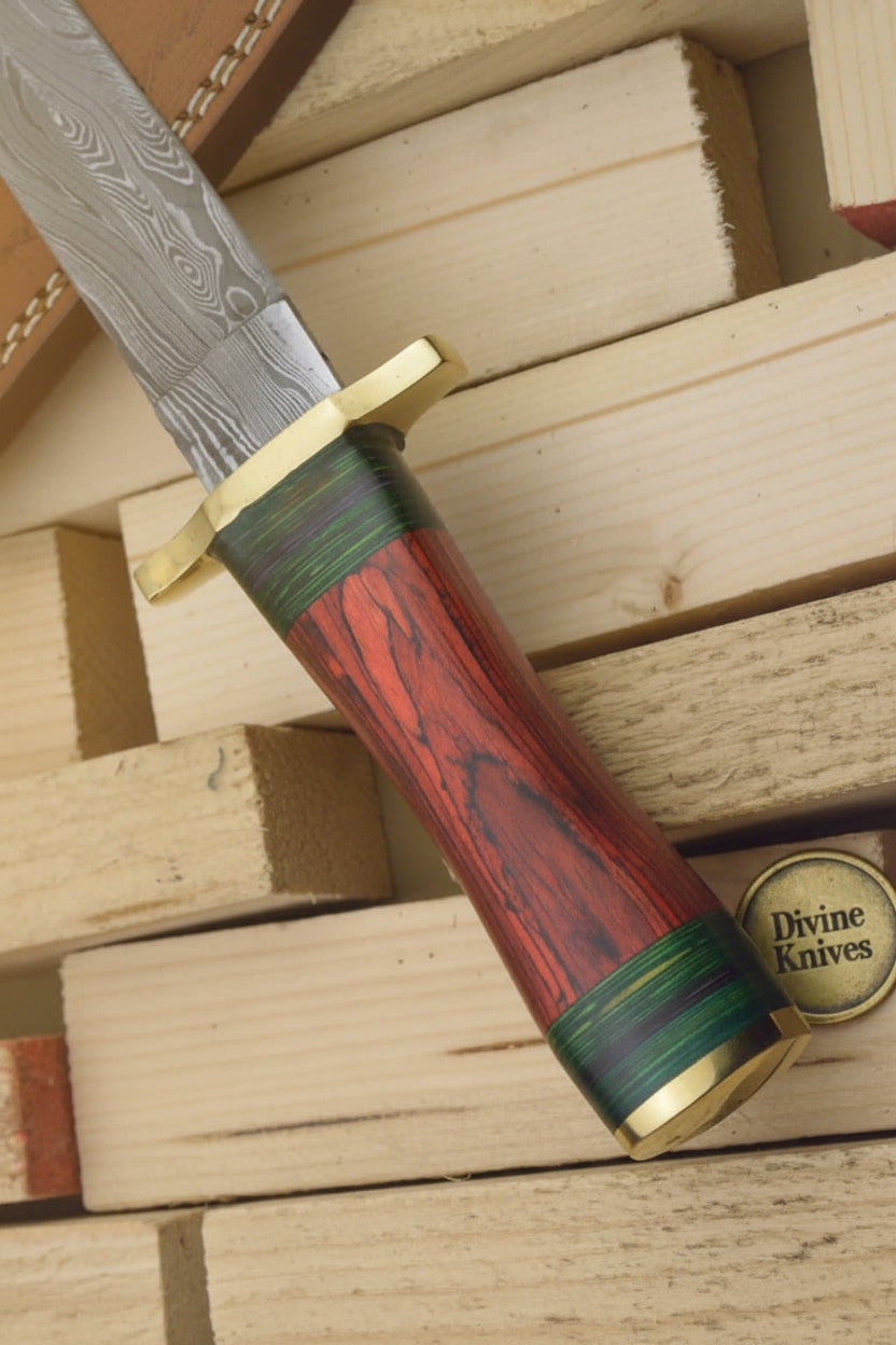 Minimalist Dark Wood Damascus Knife with a Single Green Ring Detail