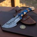 Drilled Blade Tracker Knife with Blue Resin & Olive Wood Handle